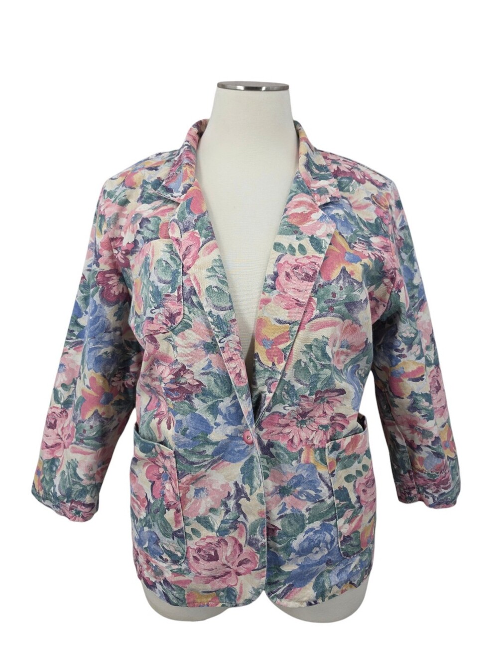Vintage Pink and Blue Floral Denim Blazer Jacket Women's Plus Size